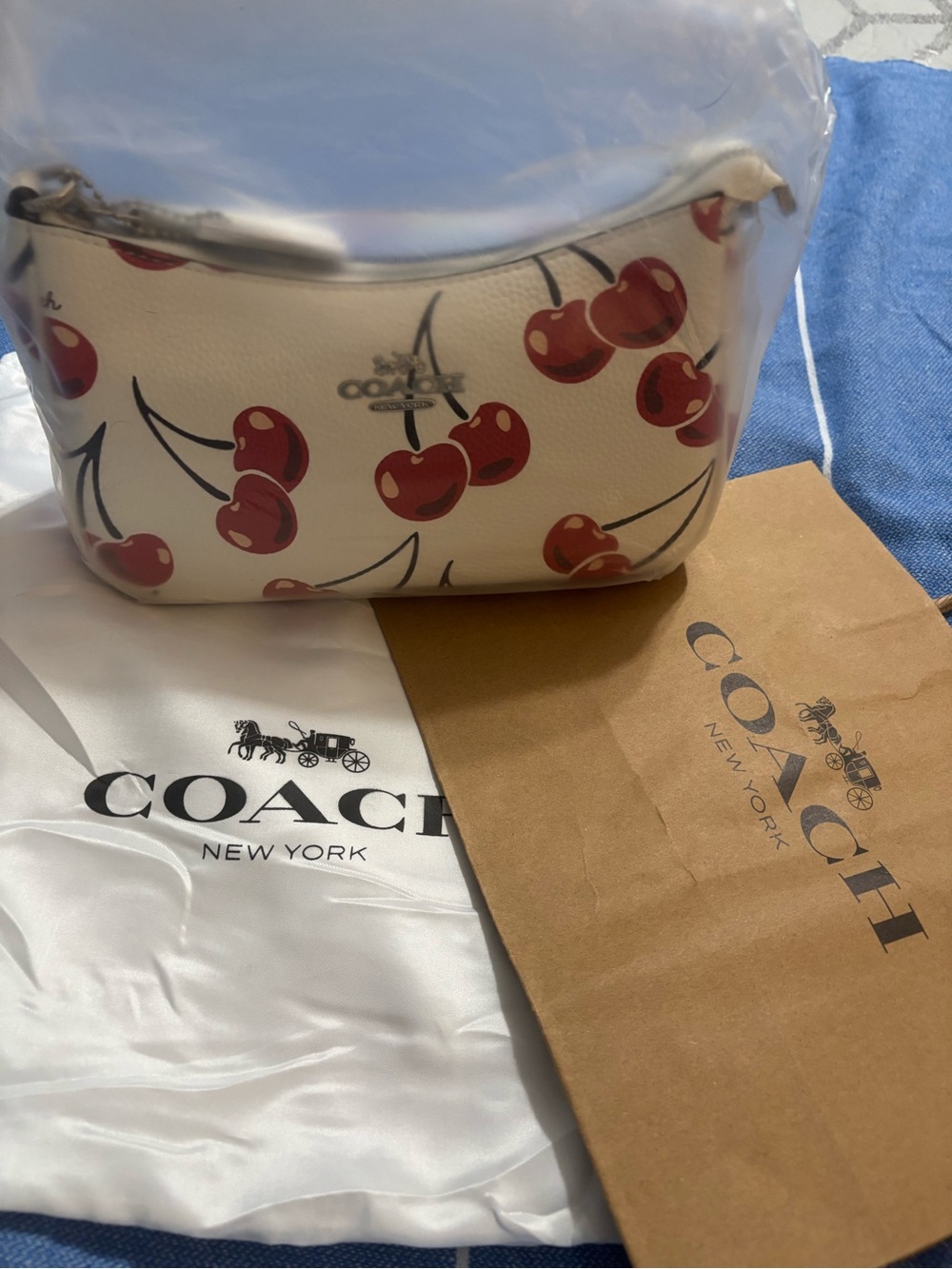 NWT Coach White Cherry Print Leather Crossbody Bag w Coach Cherry bag charm